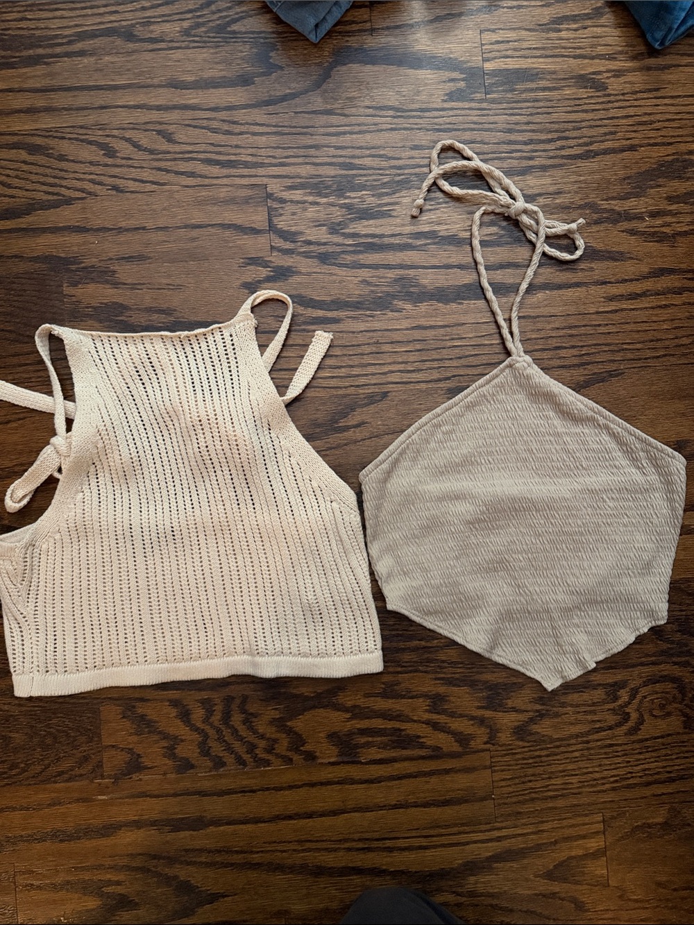 2 Beige Knit Halter Crop Top - Women's Summer Tank